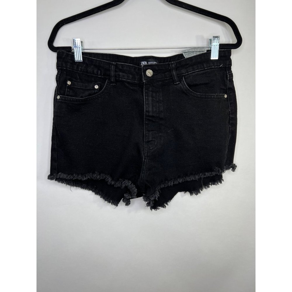 Zara Black Denim High Rise Distressed Shorts Raw Hem Size 12